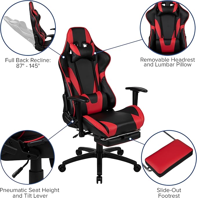Flash Furniture Optis Gaming Desk and Red Footrest Reclining Gaming Chair Set - Cup Holder/Headphone Hook/Removable Mouse Pad Top/Wire Management