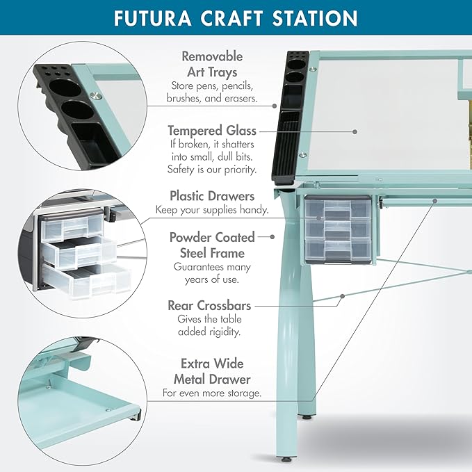 SD Studio Designs Futura Craft & Drawing Table with Adjustable Tempered Safety Glass Top – Modern Art Desk with Storage Drawers, Pencil Ledge, Glossy Sage/Clear Glass