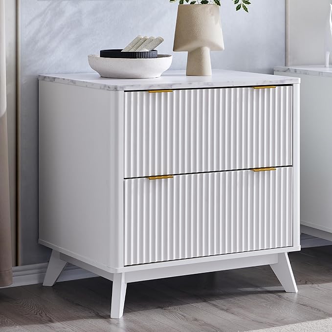 T4TREAM 2 Drawer File Cabinet, 32" Fluted Lateral File Cabinet w/Files Hanging Rod for Letter/Legal/A4, Large Tabletop for Printer, Office Wood Printer Cabinets, White (Gen 2)