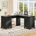 Vabches 59” L Shaped Executive Desk with Power Outlets, Farmhouse Home Office Desk with File Drawer,Storage Cabinet, Wood Corner Sturdy Writing Workstation.Black
