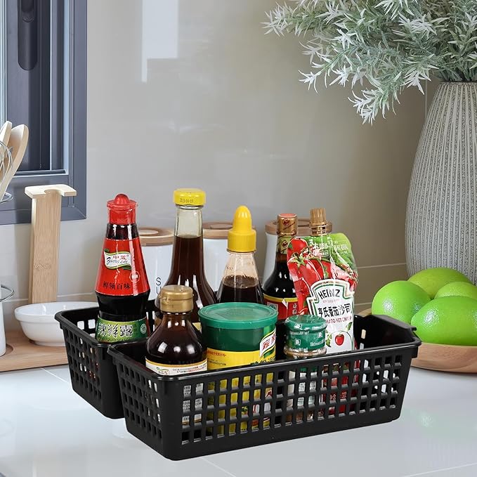 6 Pack Slim Plastic Storage Baskets, Small Desktop Storage Baskets, Black