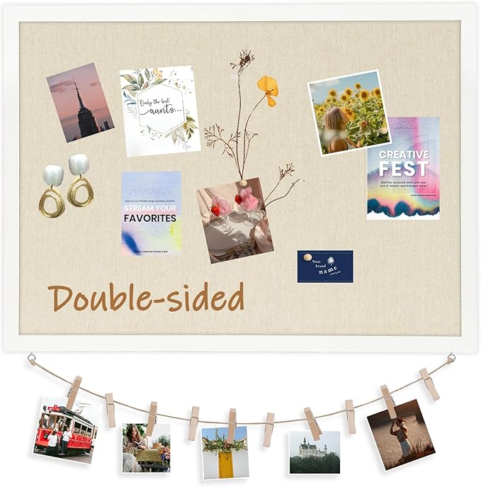 DOLLAR BOSS Cork Board Bulletin Board with Linen Double-Sided 36" x 24" Linen Corkboards for Walls Picture Display Vision Board for Office Home School Framed Picture Pin Board, 20 Pushpins 10 Clips