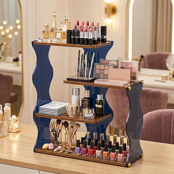 Acrylic Wave Perfume Organizer Shelf, 4-Tier Wood & Acrylic Desk Shelf Display for Perfume Storage, Modern Bathroom Counter Organizer for Cosmetics, Mugs and Small Decor