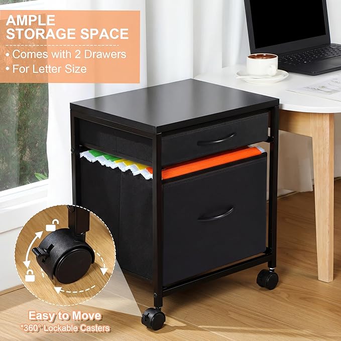 AceOrbit Printer Stand Rolling Mobile File Cabinet Cart with 2 Fabric Drawers A4 Letter Size Beside, Vertical Filing Cabinet on Lockable Wheel with Storage Under Desk for Home Office(Black)