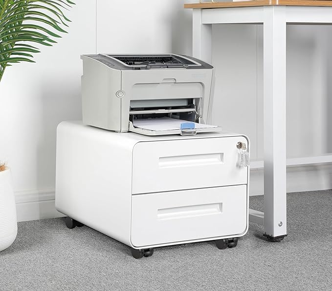 Under Desk Printer Stand with Storage – 2-Drawer Printer Table for Home & Office, Mobile Printer Cart with 2 Sets of Casters and Lockable Drawers, 4 Keys, White