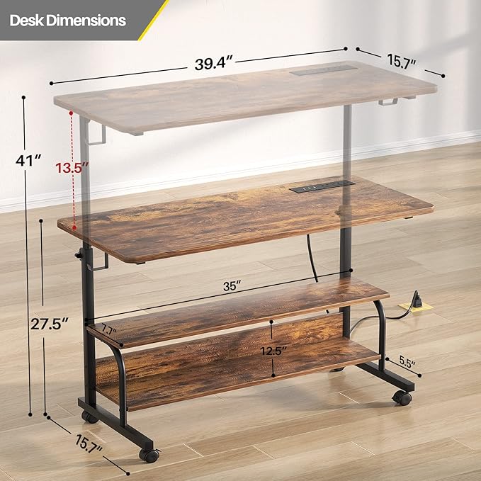 Armocity Rolling Standing Desk with Power Outlets, 39" Manual Height Adjustable Mobile Computer Desk with Wheels, Small Portable Sit Stand Laptop Couch Table for Bed & Sofa Home Office, Rustic Brown