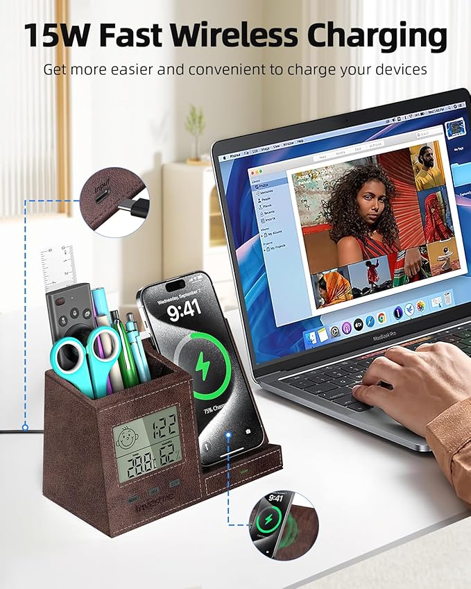 Pen Holder for Desk, Desk Organizer with Wireless Charger, Built in Digital Indoor Thermometer and Humidity Monitor, Multi-Functional Pencil Organizer for Home Office Supplies, Brown