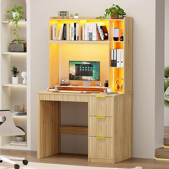 WOOVIVS Home Office Desk with Hutch & LED Lights - 39" Computer Desk with Charging Station, 3 Large Drawers, Hidden Compartment & Fluted Panel Design,Natural Writing Desk for Bedroom, Study