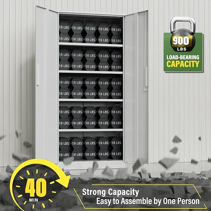 Greenvelly Metal Storage Cabinet with 2 Doors and 4 Adjustable Shelves, 72" White Metal Cabinet with Locking Feature and 2 Keys for Office, Home, Garage, Gym, School