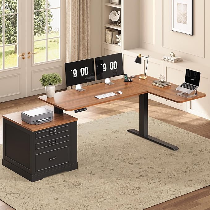 SEDETA Farmhouse L Shaped Electric Standing Desk, 70.9" x 39.4" Height Adjustable Office Executive Desk with 3 Drawers, Standing Computer Desks with Power Outlet for Home Office, Black