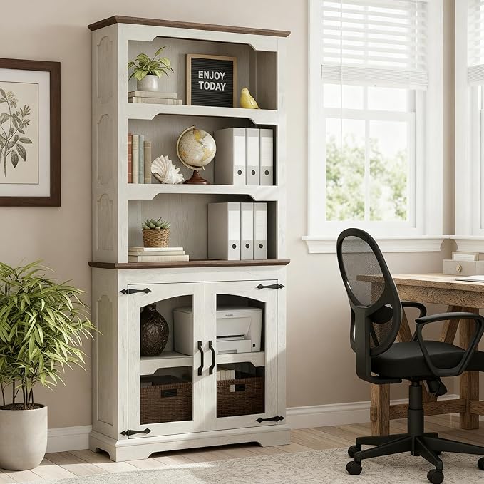 70 Inches Farmhouse Bookcase Bookshelf, Two-Tone Shelves, 5 Tier Bookshelf with Glass Door Storage Arched Trim, Home Office Living Room Storage Cabinet Unit (Distressed White & Walnut, Glass Doors)