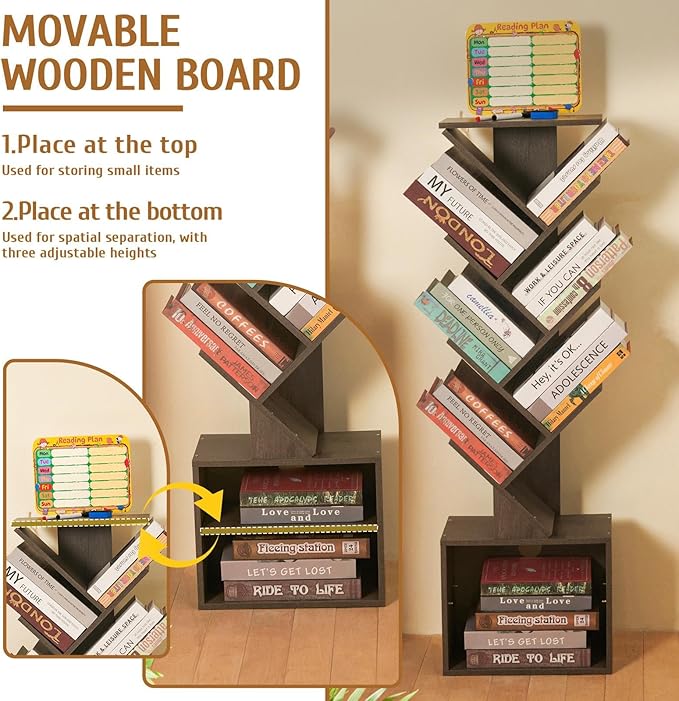 7 Tier Tree Book shelf, Small Bookcase with Reading Planner and Activity Panel, Modern Floor Standing Corner Tall Narrow Storage Cabinet Bookshelves for Home Office Bedroom Living Room (Gray)