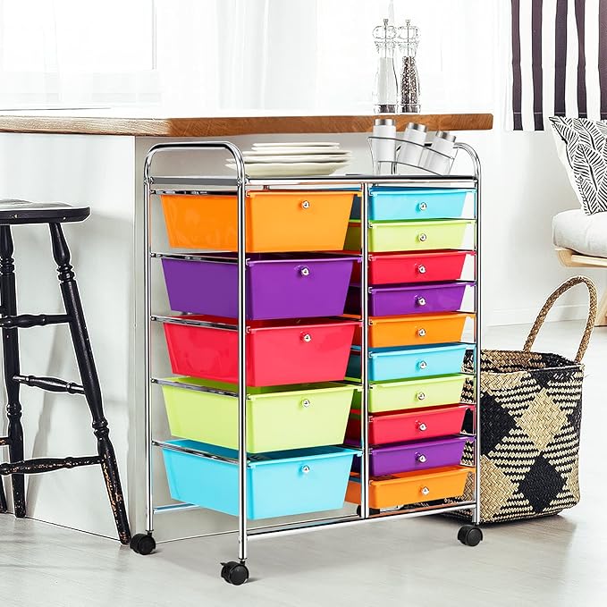 Moccha 15-Drawer Rolling Storage Cart - Under Desk Storage Drawers with wheels for Craft Art Supply Paper Salon, Scrapbook Paper Tools, Mobile Utility Cart for Classroom (15 Drawers, Multicolor)