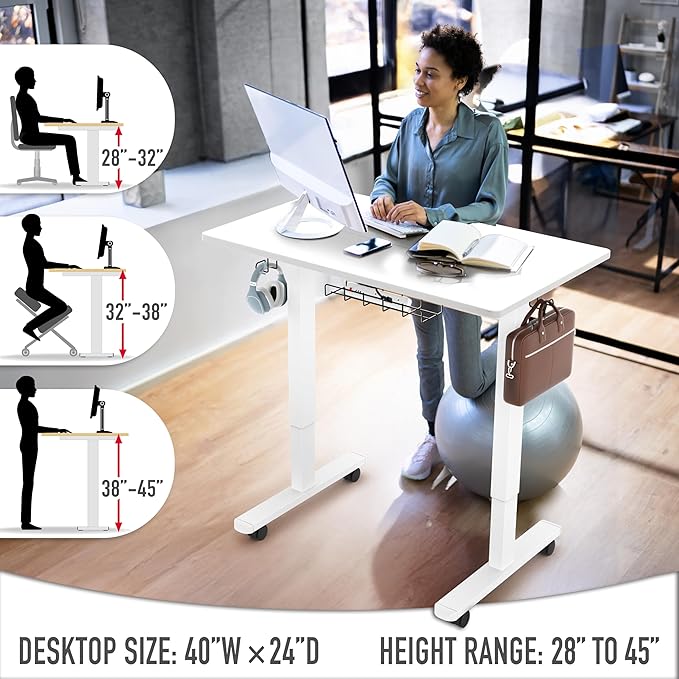 SHW 40-Inch Mobile Electric Height Adjustable Sit to Stand Desk with Drawer, Hanging Hooks and Cable Management, White