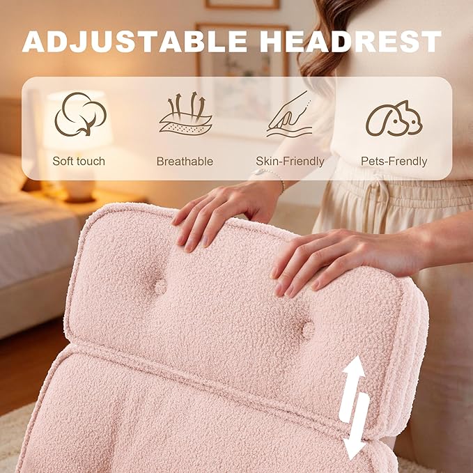 Criss Cross Chair with Wheels, Extra Wide Cross Legged Office Chair with Flip-Up Armrests & Footrest, Ergonomic Teddy Fleece Swivel Desk Chair with Adjustable Headrest for Home Office & Vanity Pink