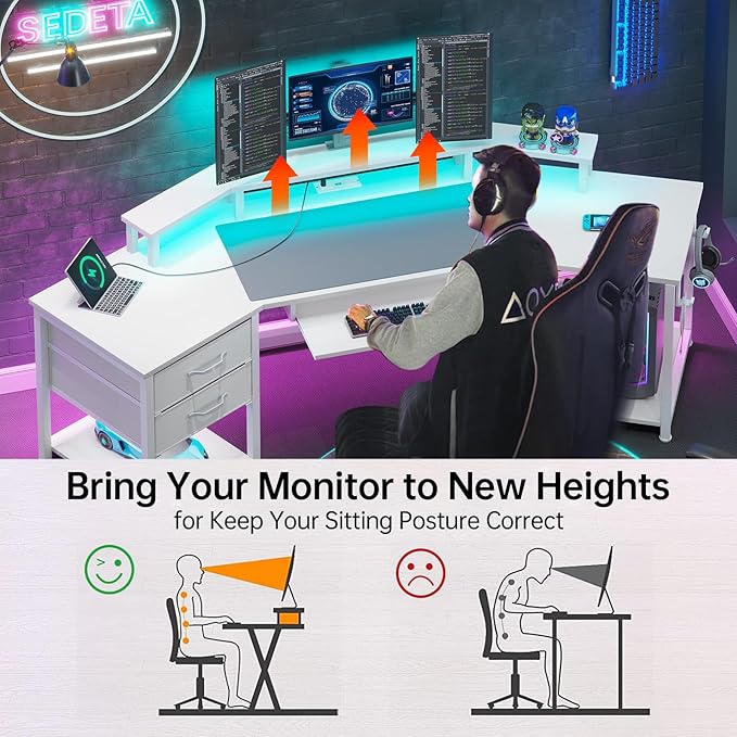 SEDETA 79" Gaming Desk, Computer Desk with 2 Fabric Drawers & LED Light, White Small Desk with Storage for Home Office, Carbon Fiber White