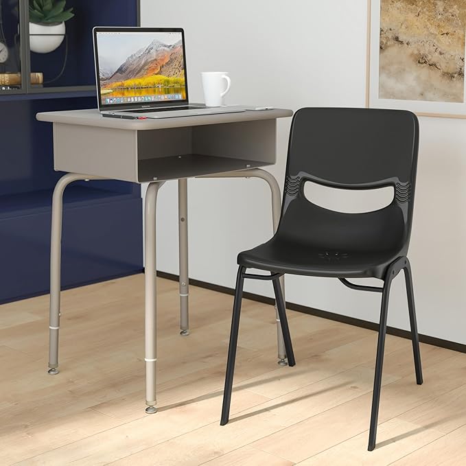 EMMA + OLIVER Jacobs Desk/Stackable Ergonomic Chair Set, Flex Comfort Seat Back, Adjusting Desk Legs, Metal Open Front Storage Box, Gray Granite Desktop/Black Chair