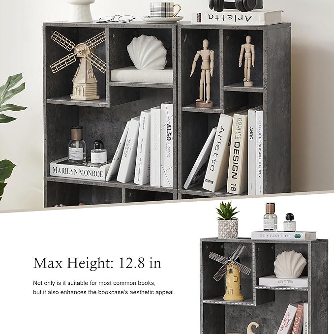 VECELO 3-Cube Small Bookshelf, Modern Bookcases with Shelves Height Up to 12.8 Inches, Suit for Common Size Textbook, Vertical or Horizontal, Cubby Storage Organizer,Grey