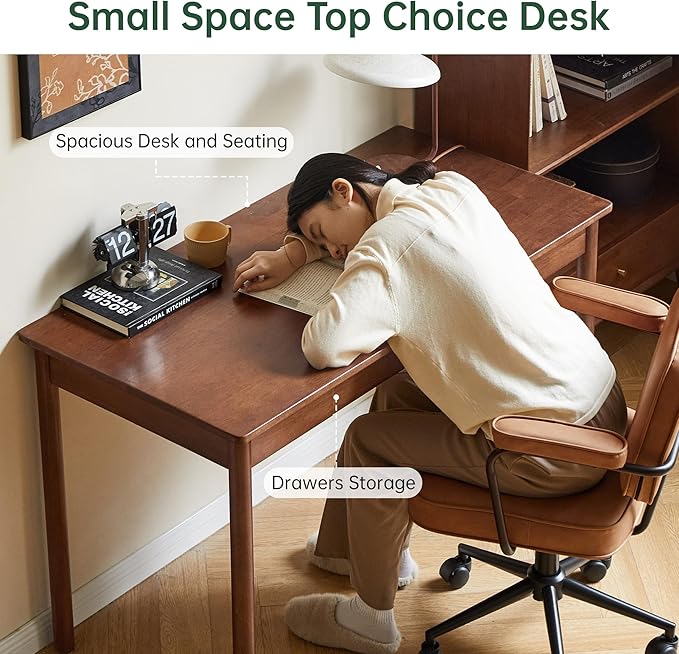 100% Solid Wood Desk, Home Office Writing Desk, Mid Century Modern Computer Desk with Drawers for Study Living Room 35" W