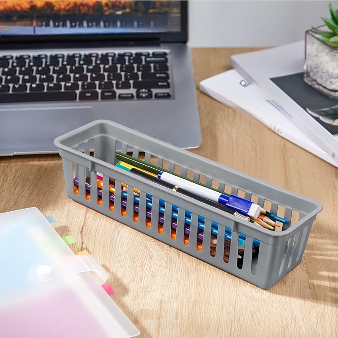 Domensi 24 Pack Slim Plastic Storage Baskets Tray for Organizing 10.25x3.25x2.5 Inch Small Narrow Storage Bins Stackable Drawer Pencil Trays Holder for Desk Garage Cabinet Container (Gray)