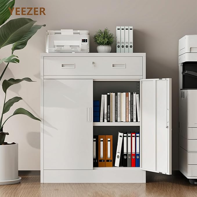 Metal Storage Cabinet with 1 Drawer, 36" H Locking Storage Cabinet, Metal Cabinets with Doors and Shelves for Home, School, Office, Garage, White