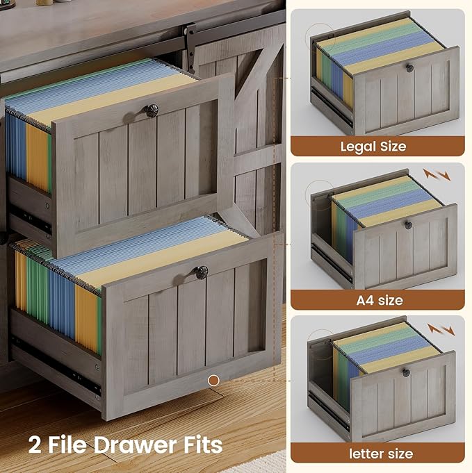 SEDETA 2 Drawer File Cabinet with Power Strip, 41” Farmhouse Filing Cabinet fits Legal, Letter, A4 Size Files for Home Office, Printer Stand with Storage Shelf, Bar Door and LED Lights (Grey)
