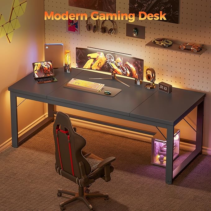 Mericonia 63 Inch Large Computer Desk, 1" Thick Heavy Duty Industrial Office Desk, Modern Simple Study Writing Table for Home Office Bedroom Workstation, Black