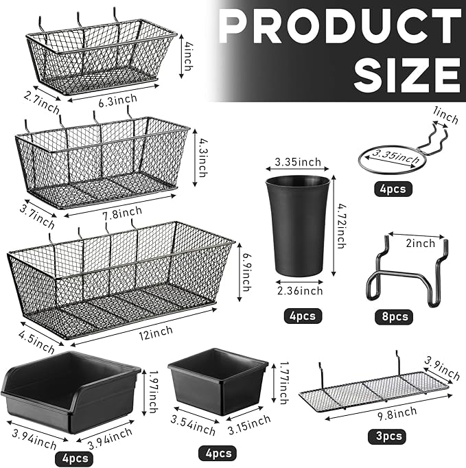 Sieral 30 Pcs Pegboard Organizer Accessories Kit Includes Peg Board Shelving Storage Basket Organizer Bins Hooks Loops Cup with Cup Holder for Garage Room Wall Attachments Tools(Black)