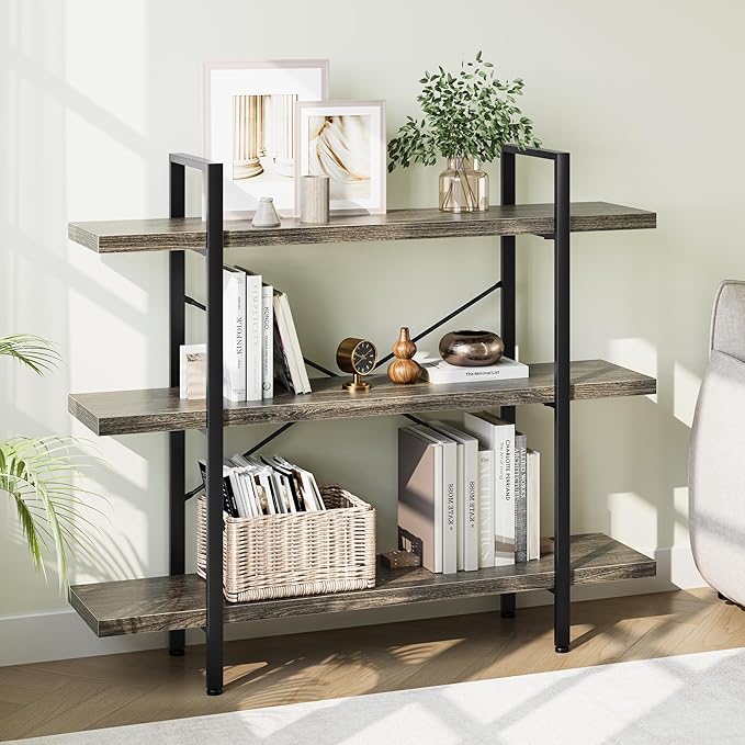 OtterOasis Heavy Duty 3-Tier Industrial Bookcase, 39" Wide Wood Bookshelf for Home Office, 120lbs Shelf Capacity, Rustic Shelving Display with Reinforced Horizontal Shelf for Living Room Bedroom, Grey