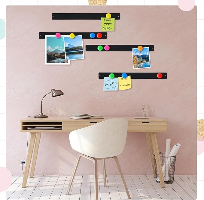 18 Pcs Magnetic Bulletin Board Strips Frameless Stainless Iron Board Strip with Colorful Magnet Self Adhesive Memo Strip for for Office Home Wall Photo (Black)