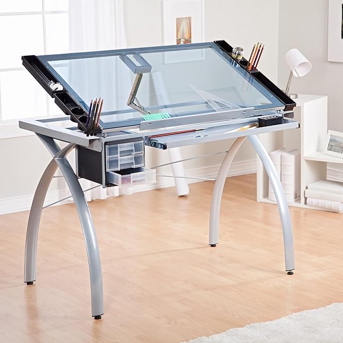 SD Studio Designs 10050 Futura Craft & Drawing Table with Adjustable Tempered Safety Glass Top – Modern Art Desk with Storage Drawers, Pencil Ledge, Silver/Blue Glass