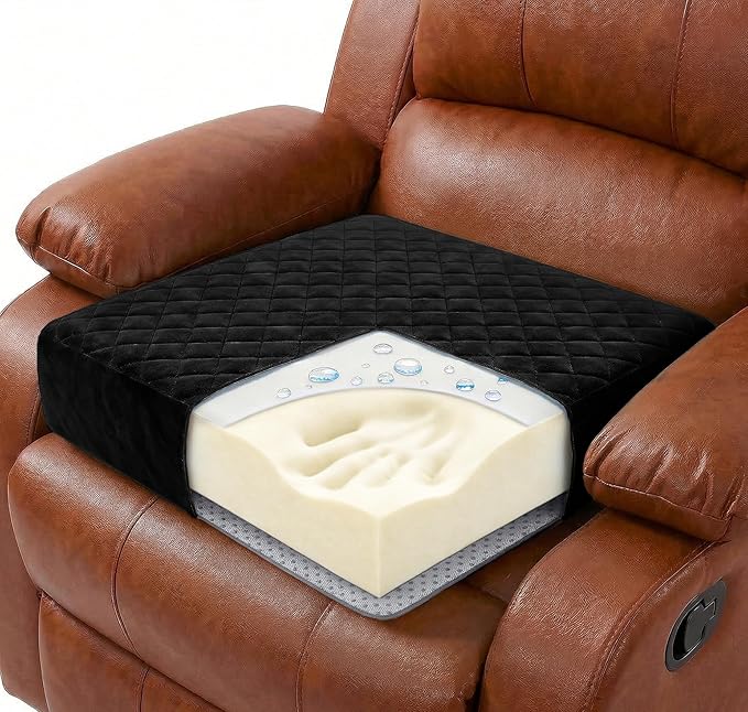 Soft 20x20x5 Memory Foam Recliner Chair Seat Cushion for Long Sitting - Armchair Pad with Washable Velvety Cover with Waterproof Layer & Non-Slip Base for Seniors & Elderly - Black