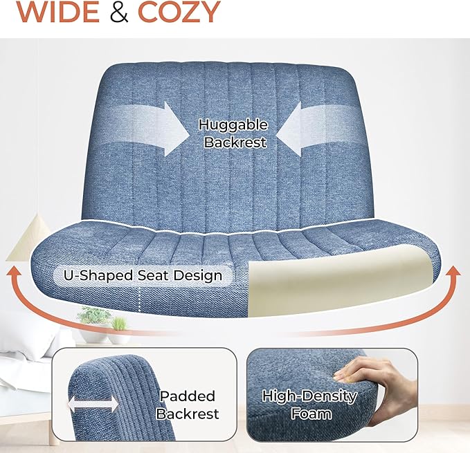 Orange Factory Criss Cross Chair No Wheel Wide Cross Legged Office Desk Vanity Chair Comfy Fabric Armless Adjustable Swivel for Home Computer Task (Blue No Wheel, Classic Fabric)