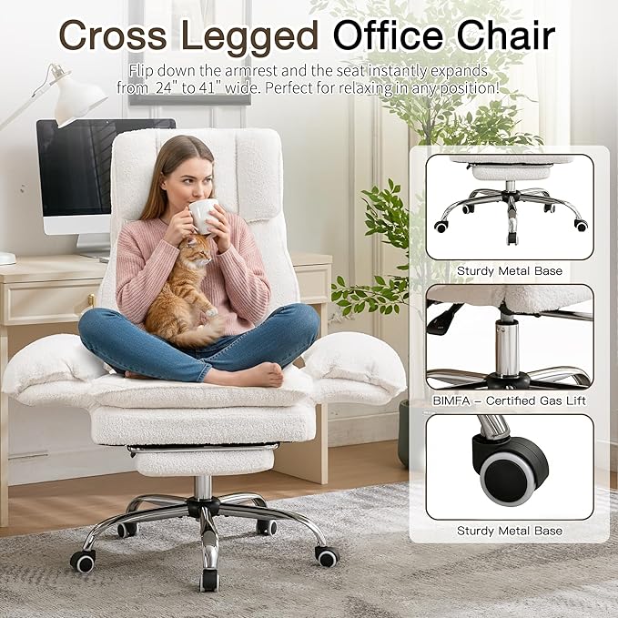Ergonomic Cloud Cross Legged Office Chair with Footrest,Teddy Fleece Big and Tall Executive Chair with Wheels,Reversible Armrest,155° Reclining Computer Wide Desk Chair for Home,Office (Beige)