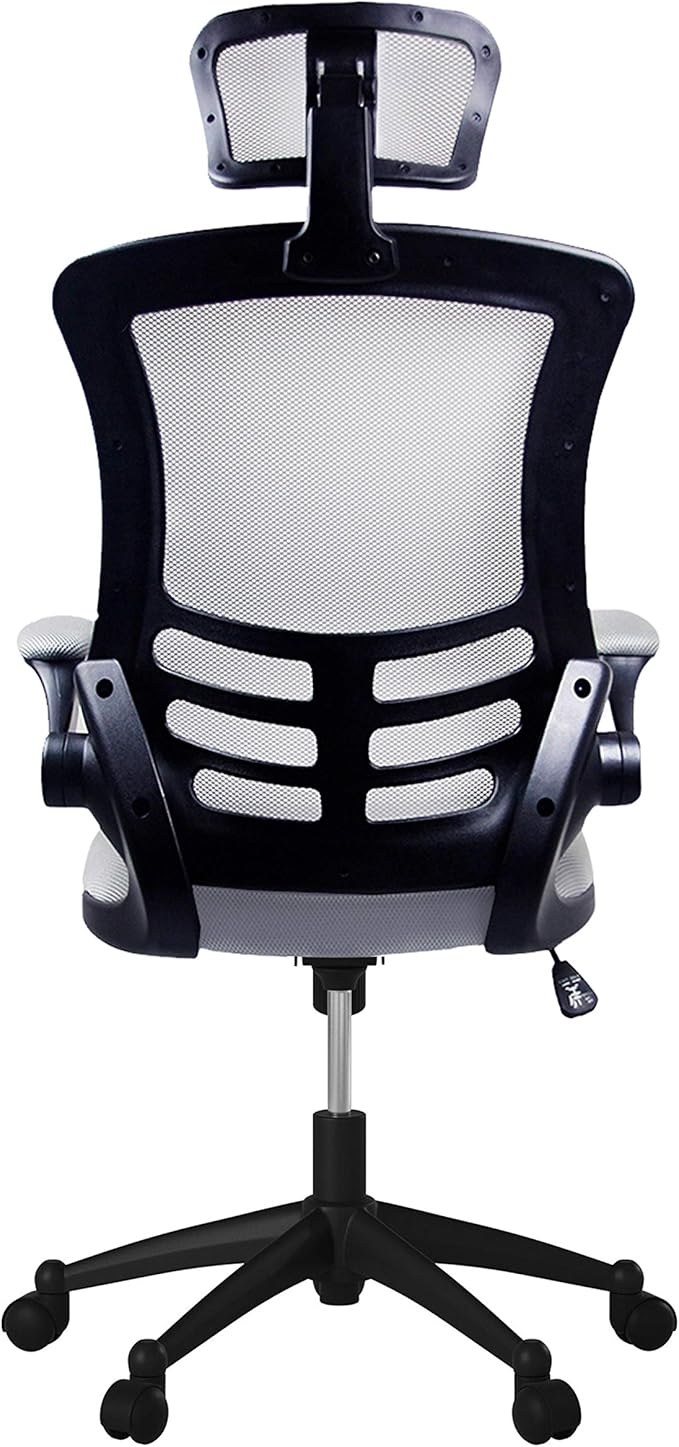 Modern High Back Mesh Executive Chair With Headrest And Flip Up Arms. Color: Silver Grey