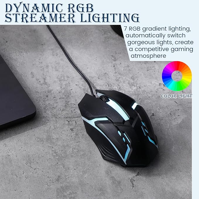 Sratte 10 Pack Black USB Wired Mouse Bulk 1200 Dpi RGB Optical Computer Mouse 3 Button 7 Color LED Backlit Wired Ergonomic USB for Gaming Office Desktop Laptop Gamer Computer