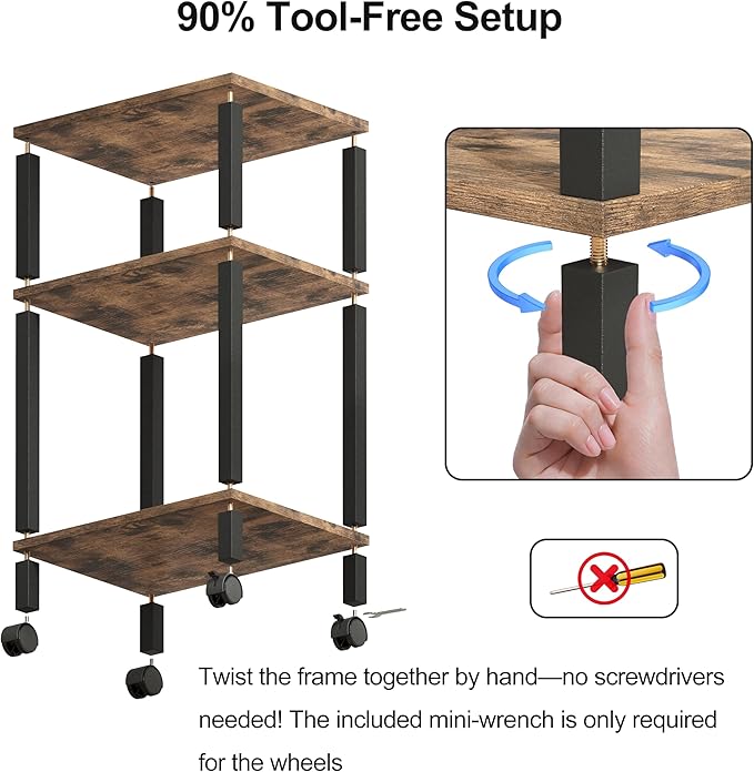3-Tier Printer Stand with Storage, Mobile Printer Cart with Rolling Casters & Adjustable Feet, Under Desk Storage Shelf for Home Office, Rustic Brown, 15.7" x 11.8" x 25.9"