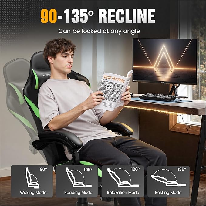 GTPLAYER Gaming Chair with Foot Rest & Pocket Spring Cushion, Ergonomic High Back Computer Chair with Headrest & 360°-Swivel Seat for Home Office Desk, PU Leather, Vivid Green