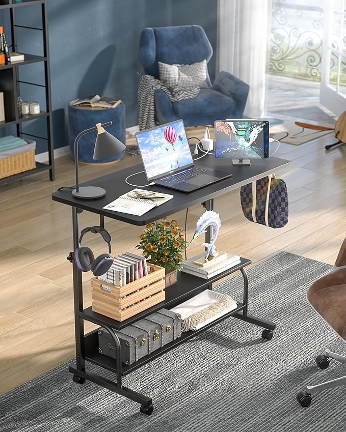 Armocity Rolling Standing Desk with Power Outlets, 32" Manual Height Adjustable Mobile Computer Desk with Wheels, Small Portable Sit Stand Laptop Couch Table for Bed & Sofa Home Office, Black