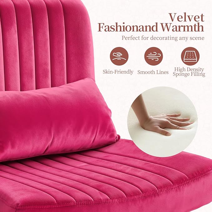 Warmiehomy Criss Cross Office Chair with Wheels, Velvet Cross Legged Desk Chairs for Home, Height Adjustable Swivel Wide Seat Computer Chair, Modern Vanity Chair for Women, Barbie Pink