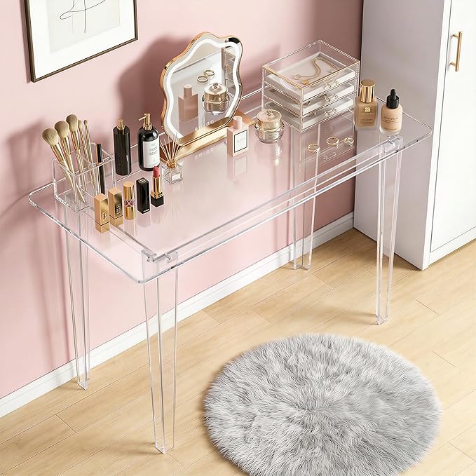 Acrylic Desk - Clear Acrylic Table, Modern Home Office Study Table, Extended Surface Multi-Purpose Console, Sturdy Lightweight Workstation for Small Spaces (Transparent-L)