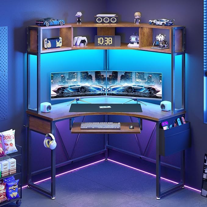SEDETA Corner Desk, Small Computer Desk with Hutch & LED Lights, Triangle Corner Computer Desk with Keyboard Tray, Storage Bag, and Headphone Hook for Small Space, Home Office Desk, Rustic Brown