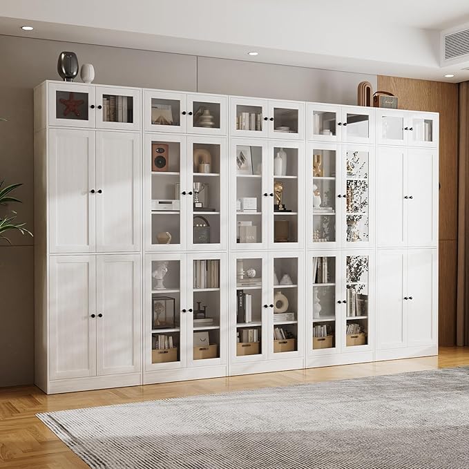 VOWNER 85.5" Tall Wooden Bookshelf 5 Sets, Storage Cabinet with Glass Doors, 7 Tier Bookcase for Living Room, White Pantries with Doors and Shelves, Modern Large Storage for Home Office