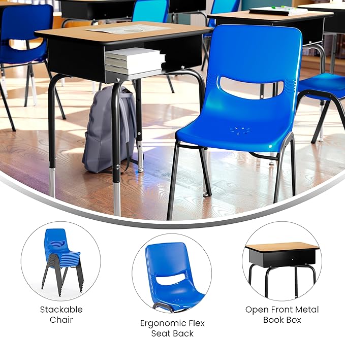 EMMA + OLIVER Jacobs Desk/Stackable Ergonomic Chair Set, Flex Comfort Seat Back, Adjusting Desk Legs, Metal Open Front Storage Box, Natural Desktop/Navy Chair