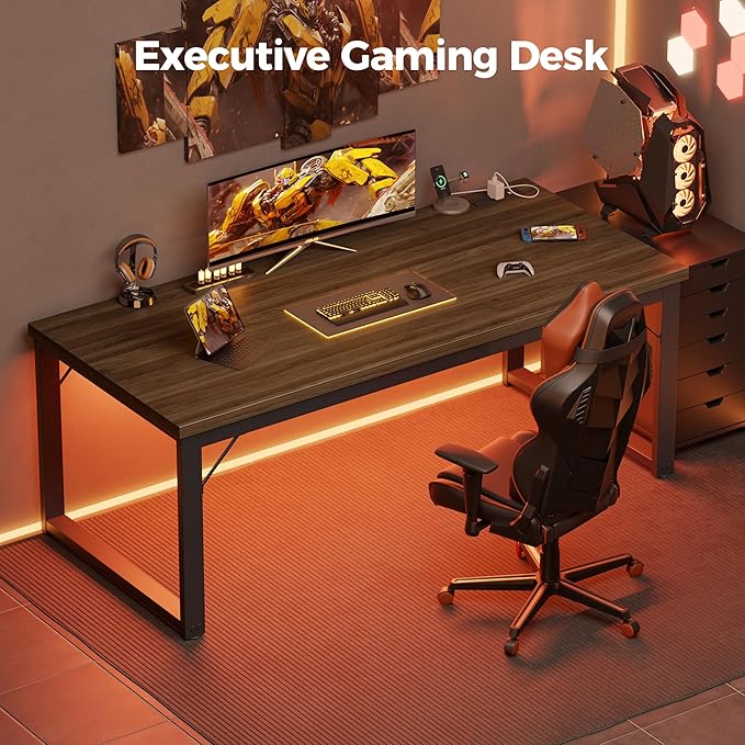 Mericonia 54 Inch Computer Desk with Power Outlets, 1.2" Thick Heavy Duty Industrial Office Desk, Modern Simple Study Writing Table for Home Office Bedroom Workstation, Walnut