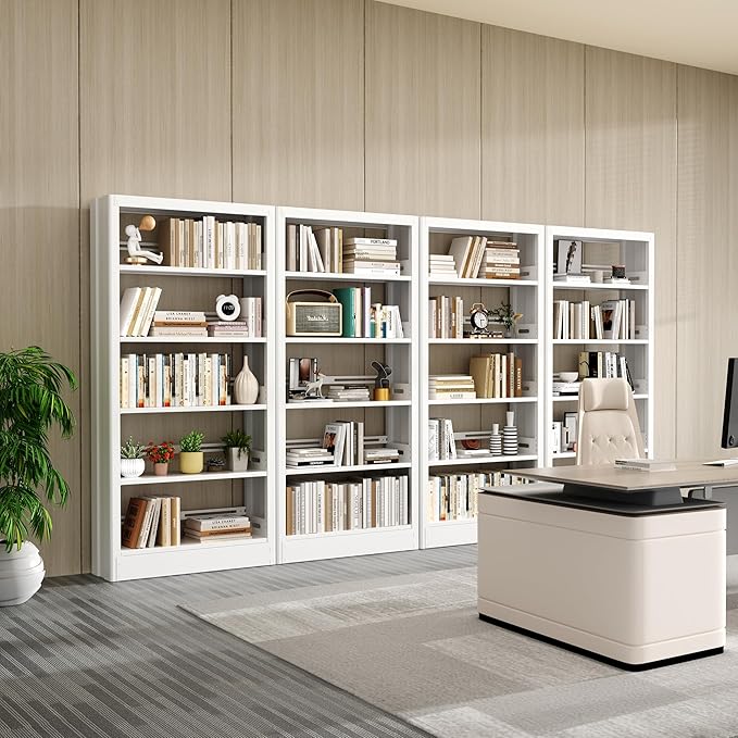 71" Metal Bookshelf,5 Tier White Bookshelf with Adjustable Shelves,Heavy Duty Bookshelves and Bookcases,Tall Bookcase for Living Room,Library,Office,Including Book Stopper (White, 37.4" Wide)