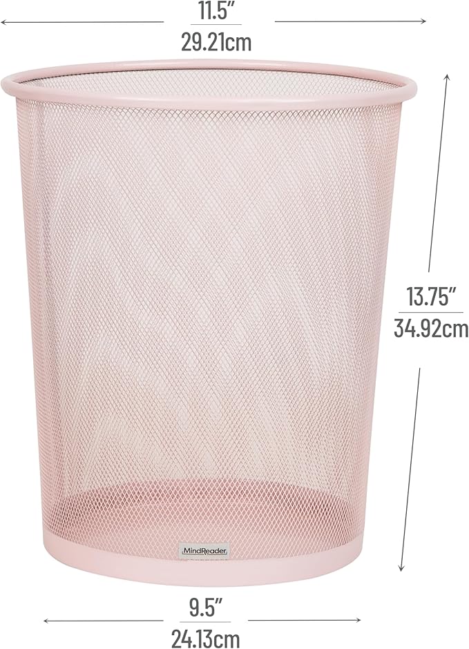 Mind Reader Mesh Trash Can, 16.65L (4.4 gal), Waste Paper Basket, Round, Office, Metal Mesh, Pink