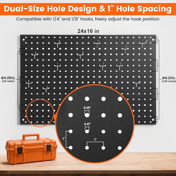 ENJOYWOOD Pegboard, 4 PCS 24"×16" Metal Peg Board Panels Black Modular Wall Organizer Kit with 40 Hooks, Dual-Size Hole Design for Home Tool Storage, Garage Organization, Kitchen, Office, Craft Room