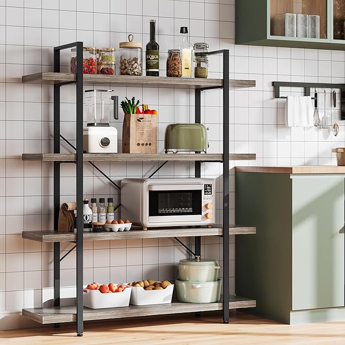 OtterOasis Heavy Duty 4-Tier Industrial Bookcase, 47" Wide Wood Bookshelf for Home Office, 120lbs Shelf Capacity, Rustic Shelving Display with Reinforced Horizontal Shelf for Living Room Bedroom,Grey