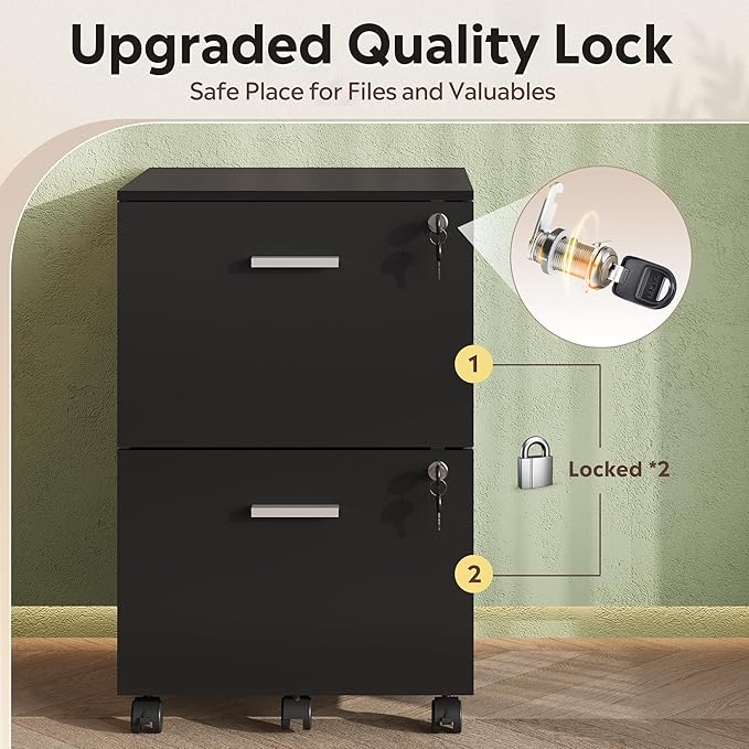 DEVAISE 2 Drawer File Cabinet, Mobile Printer Stand, Wood Filing-Cabinet fits A4 or Letter Size for Home Office, Black